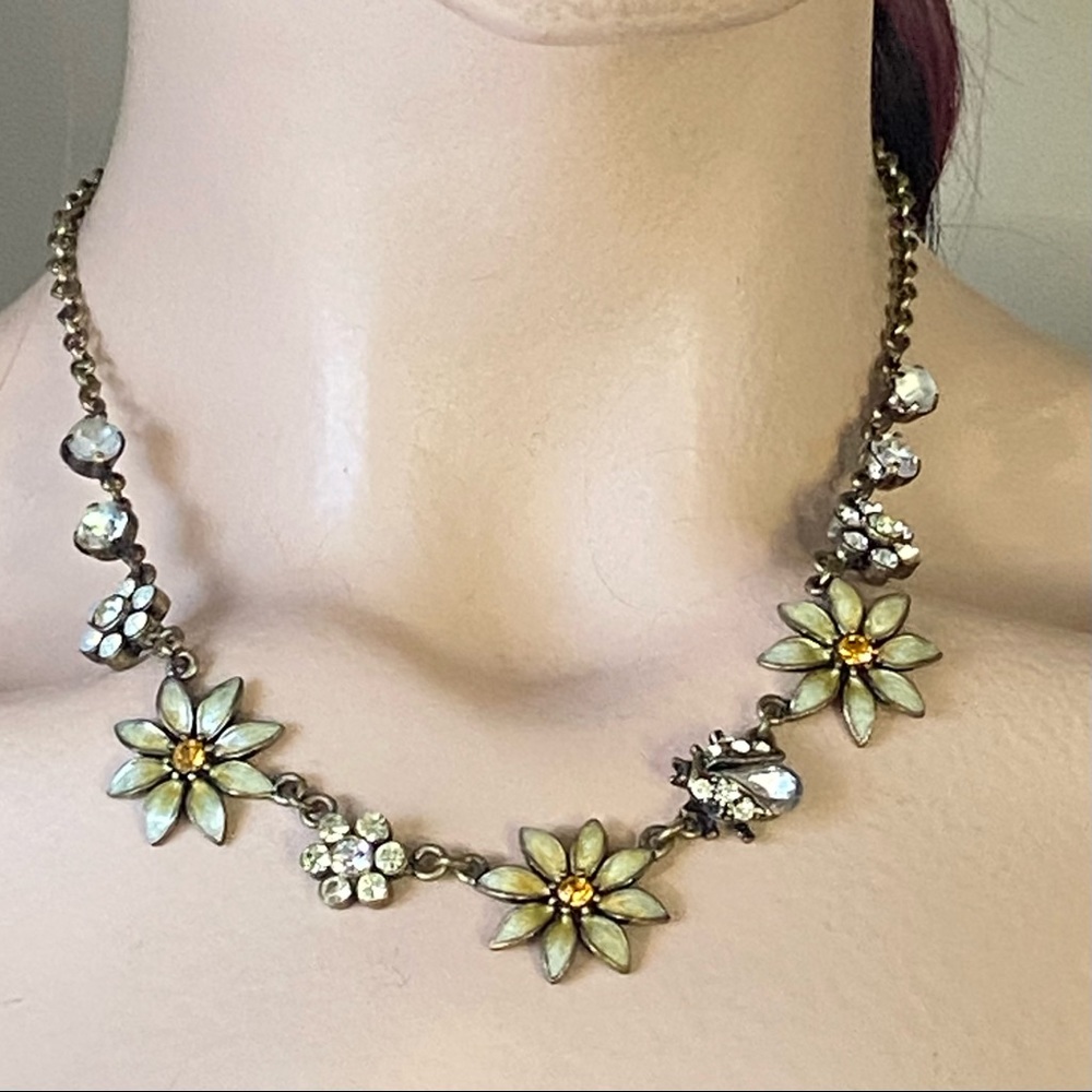 A&C woman enamel flowers and rhinestones crystal aged gold tone  necklace. Used.